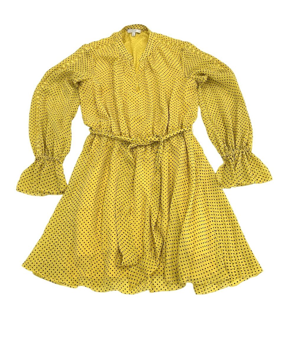 Joie Silk Daevon Dress Size S Sulphur Yellow Polka Dots Lined Over The Knee